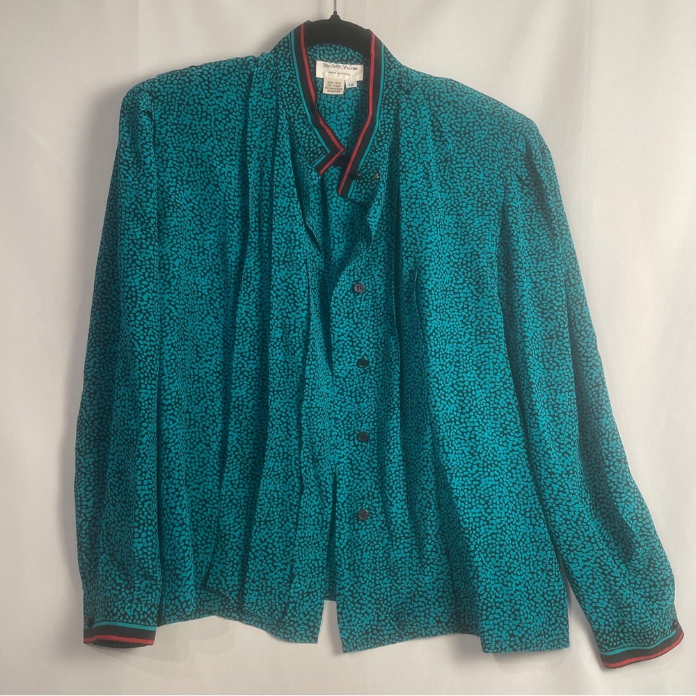 EUC Silk Vintage SILK FARM Blouse Teal Black Red Long Puff Sleeve Button Dot Top